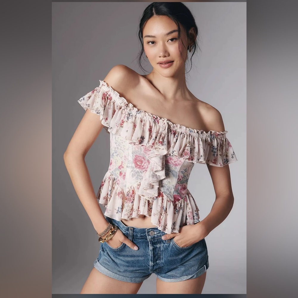 Nwt Anthropologie Pink‎ Ruffled Off-the-Shoulder Blouse
